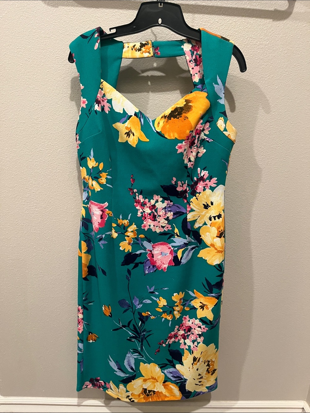 New York & Company Teal Floral Midi Dress with Yellow and Pink Blooms